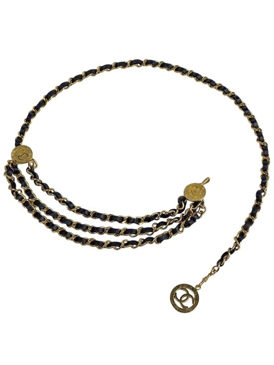 Chanel CC Logo Chain Belt Triple Strand Leather Gold Black main image 5